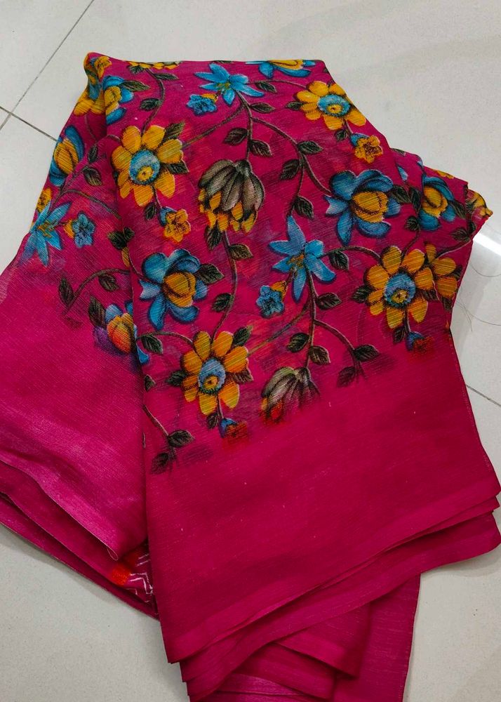 Vibrant Floral Print Pink Saree