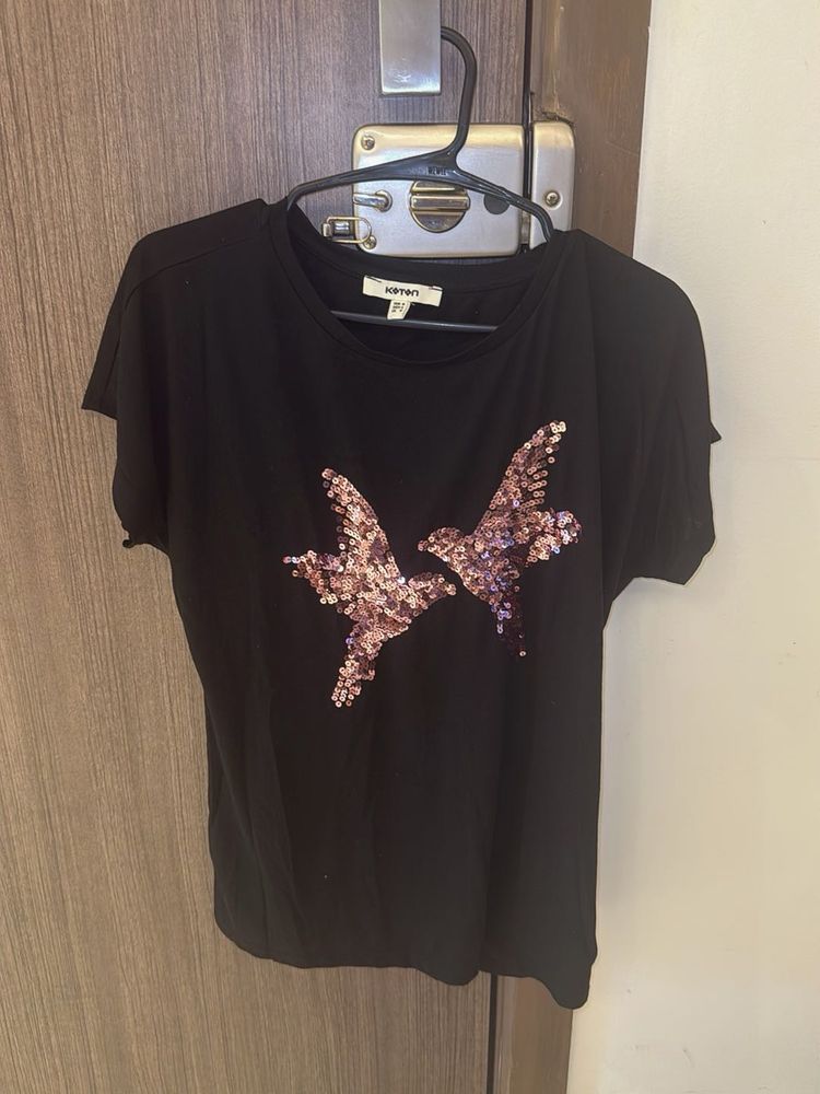 Sparkling Bird Sequin Black T-Shirt