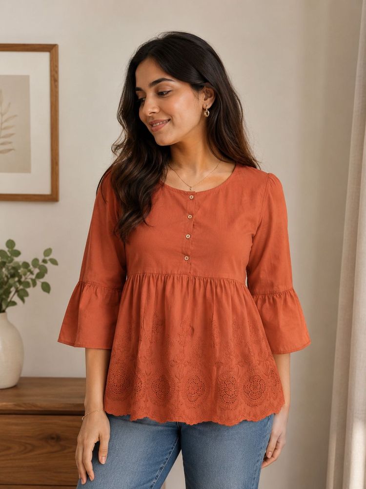 Rust Embroidered Peplum Cotton Top for Women | Rou