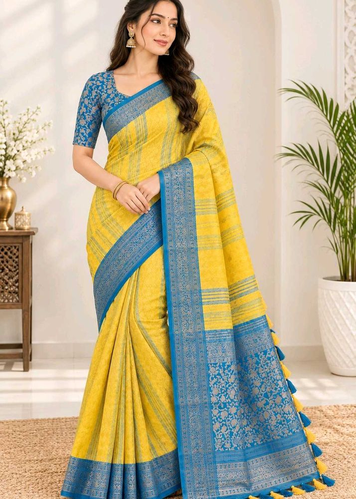 Beautiful Yellow Saree with Blue Border