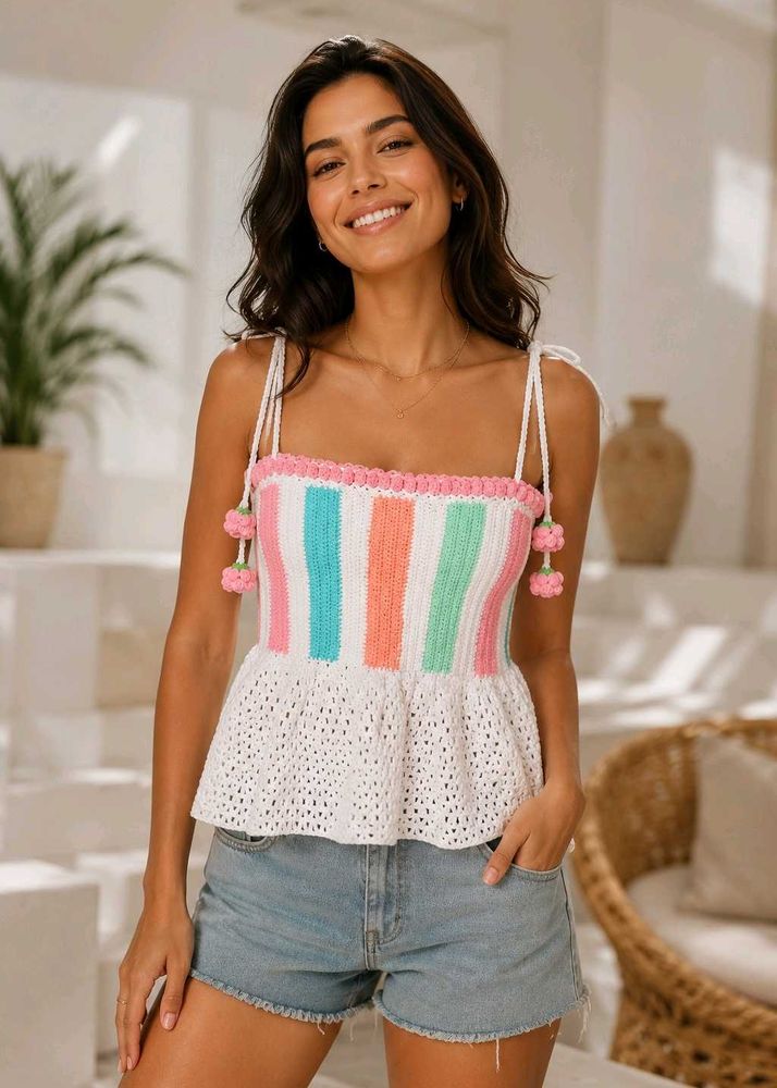 Boho Striped Crochet Peplum Top