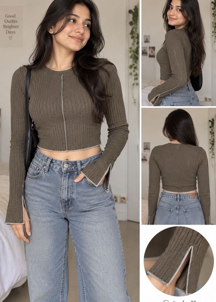 🤎 Ribbed Brown Zip-Up Cropped top