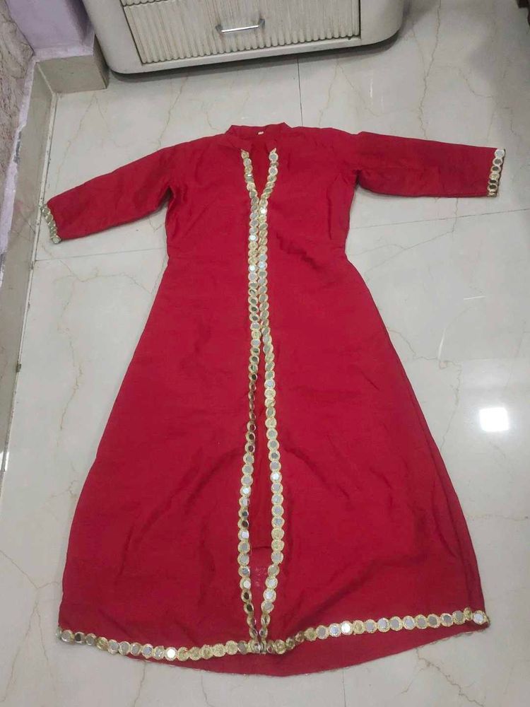 Red Anarkali Kurta with Mirror Work