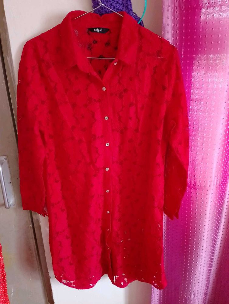 Splash Red Lace Button-Down Tunic
