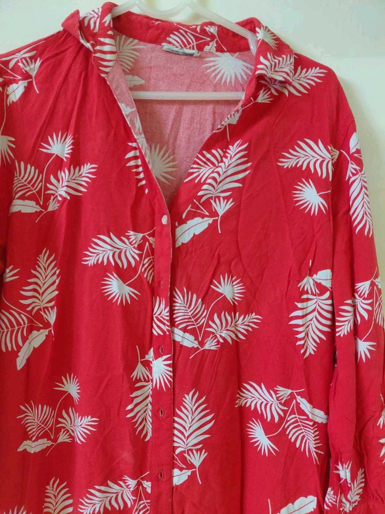 Vibrant Red Tropical Print Shirt kurta