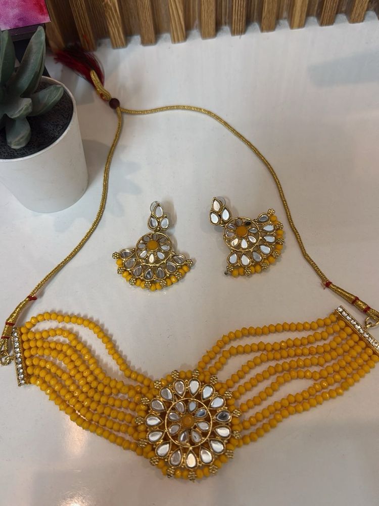 Exquisite Yellow Beaded Choker Set with Earrings