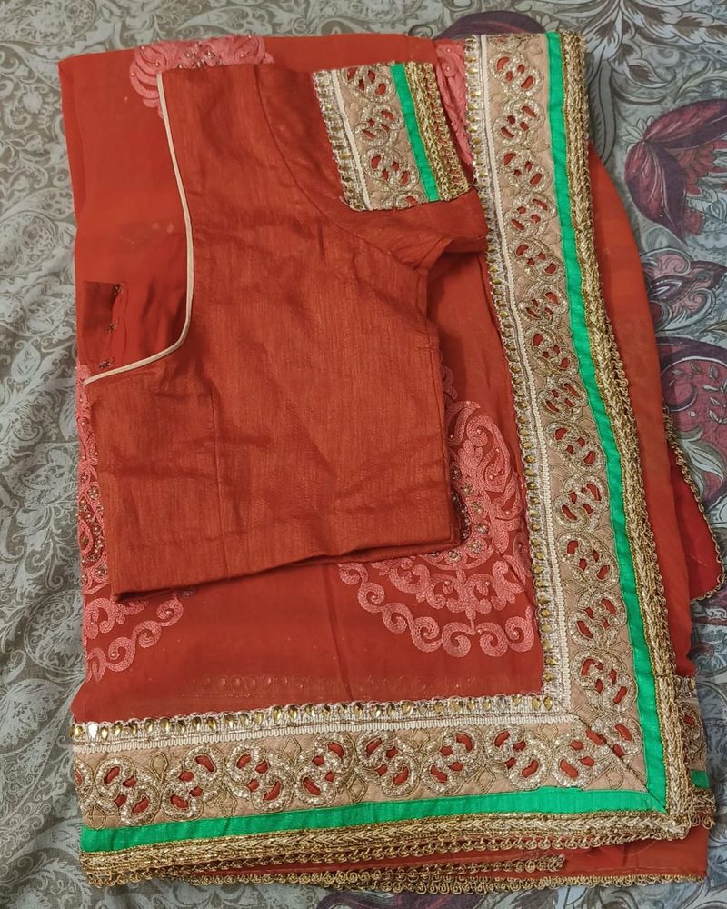 Orange Saree with Embellished Border &amp; Blouse