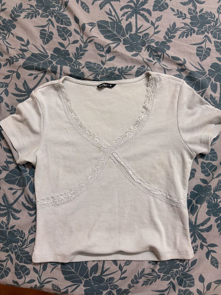 Cute Baby Blue Lace Trim Crop Top