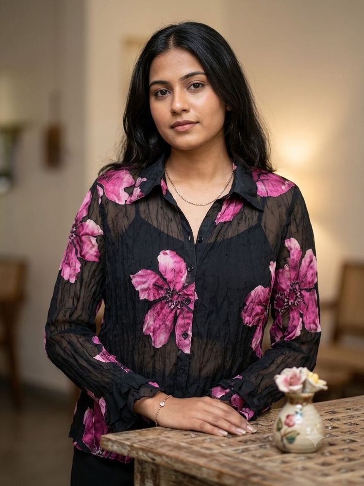Sheer Floral Print Button-Up Shirt