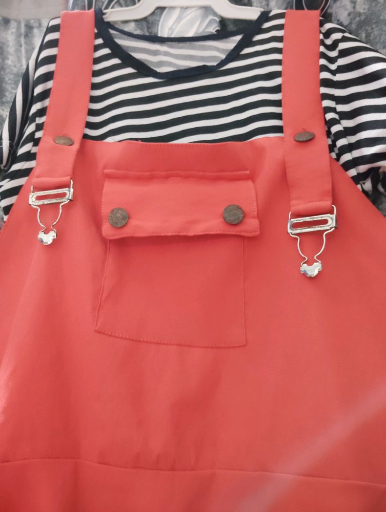 Coral Pinafore Dress &amp; Striped Tee Set