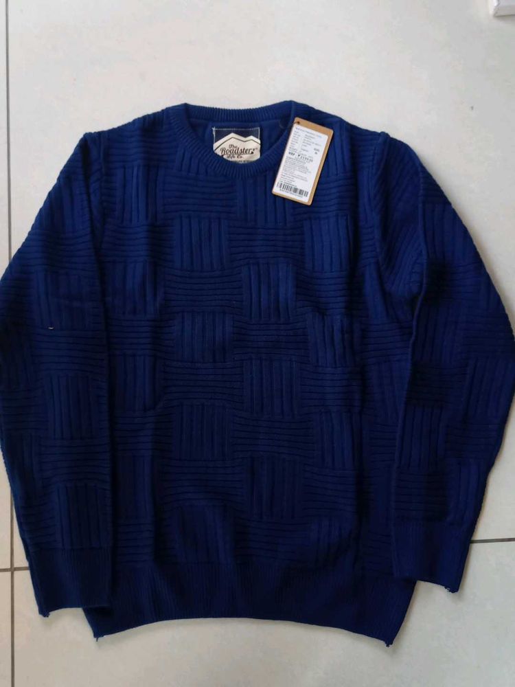 Stylish Blue Textured Knit Sweater
