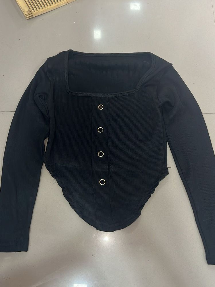 Black Ribbed Square Neck Long Sleeve Top