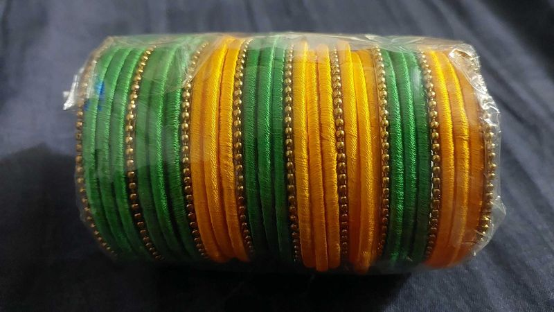Silk Thread bangles in green and yellow