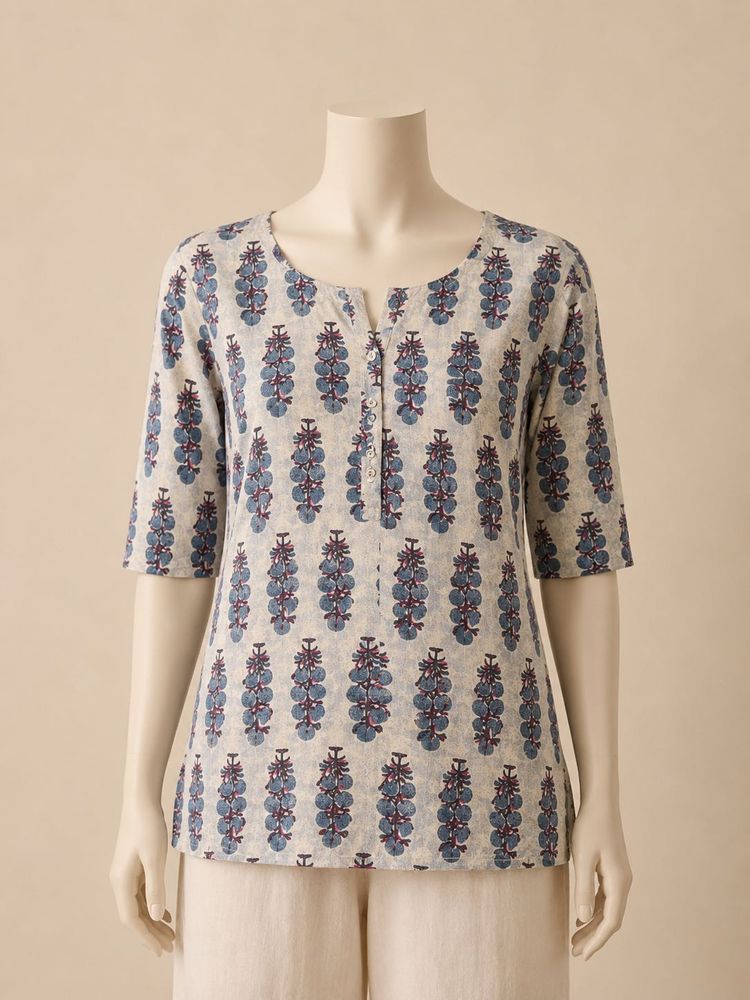 Blue Floral Print Cotton Kurta