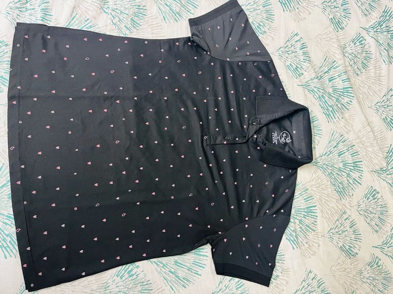 Black Printed Polo T-Shirt with Pink Heart