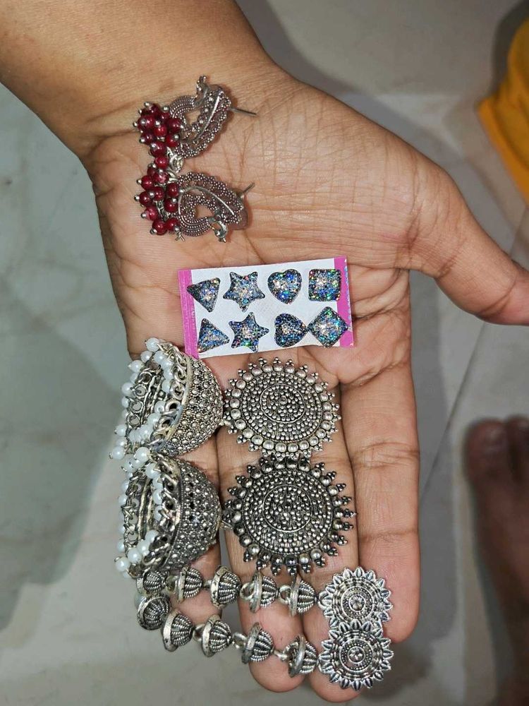 Oxidised Silver Jhumka &amp; Stud Earrings Set