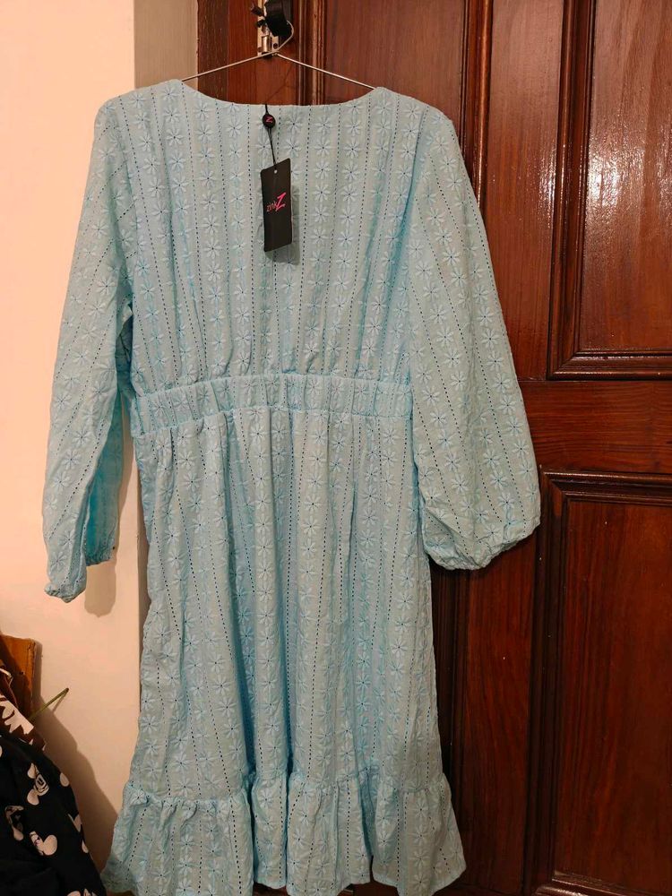 Chic Sky Blue Eyelet Midi Dress