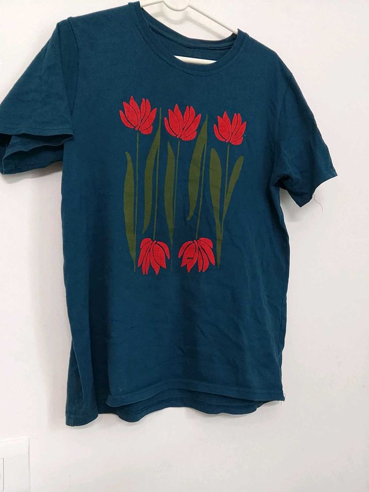 Teal T-Shirt with Red Tulip Print
