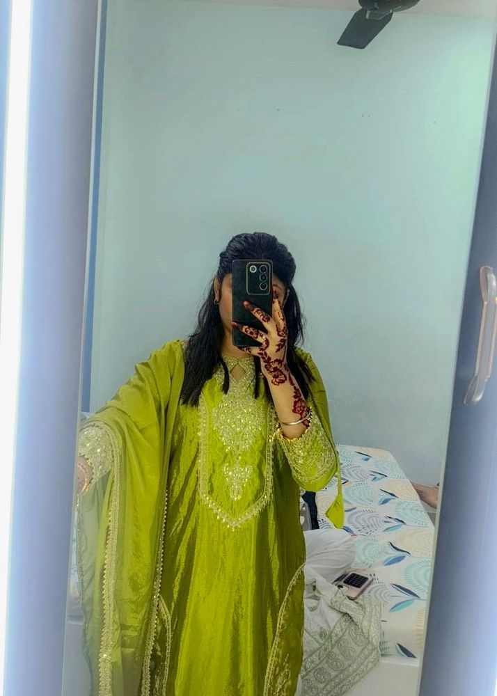 Lime Green Kurta Set with Embellishments