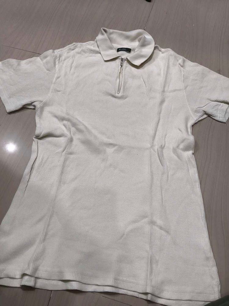 Cream Ribbed Zip Polo Top