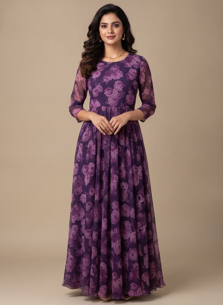 Purple Floral Printed Long Dress – Lightweight