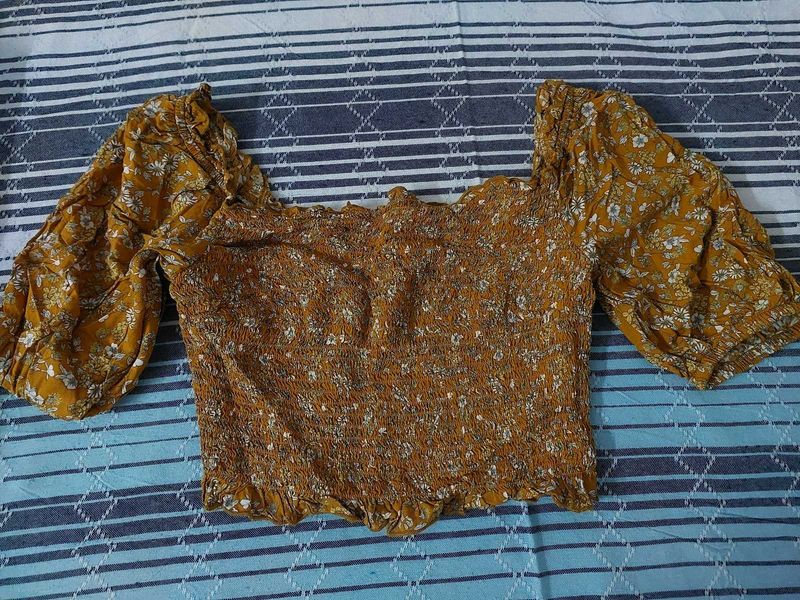 Yellow Floral Smocked Crop Top