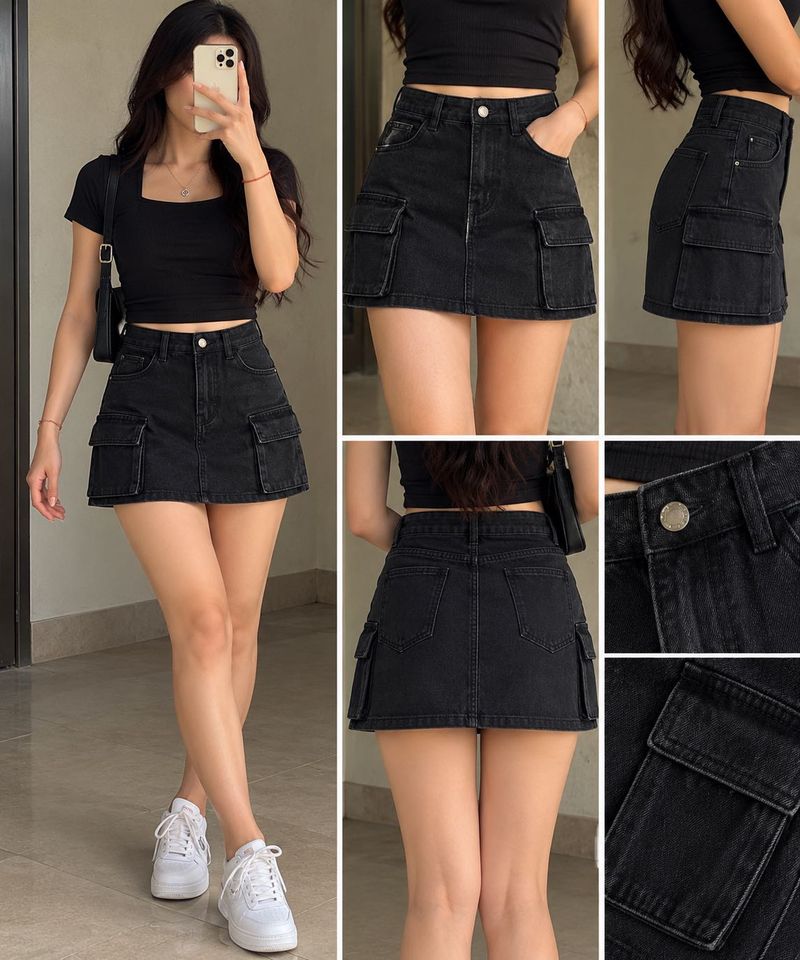 Stylish Black Denim Cargo Mini Skirt