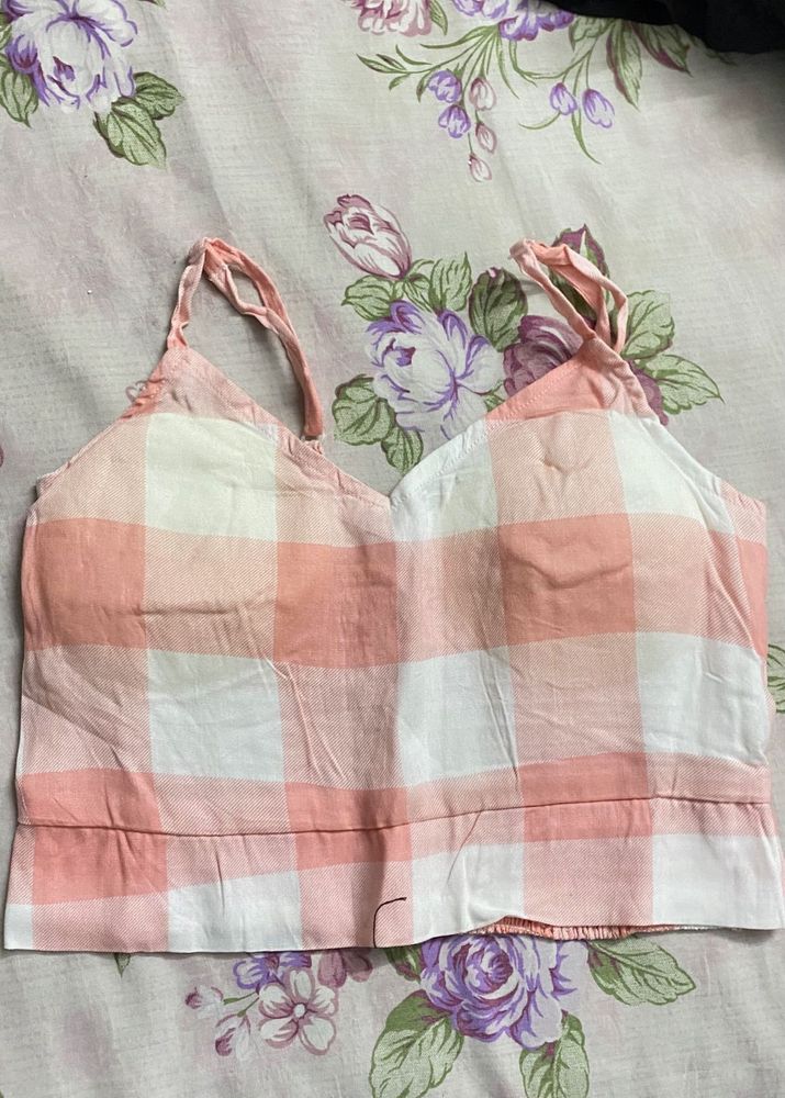 Pink &amp; White Checkered Cami Crop Top