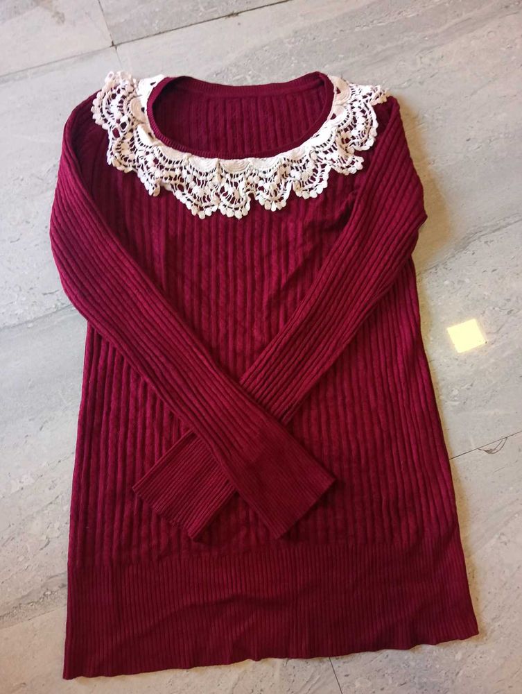 Burgundy Ribbed Sweater with Lace Collar