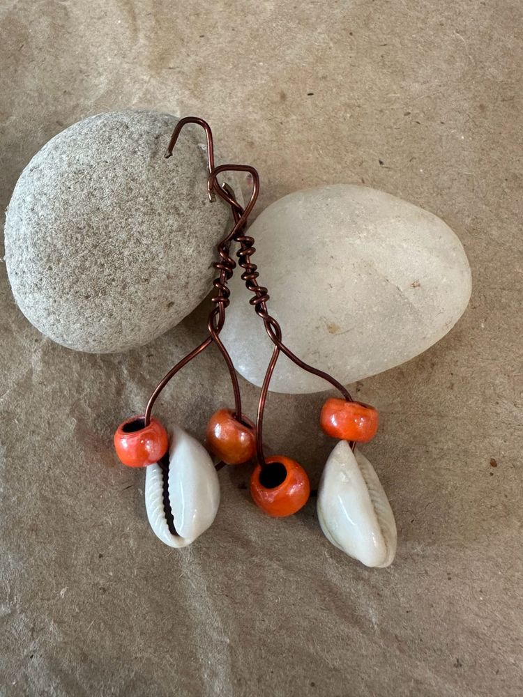 Boho Cowrie Shell &amp; Orange Bead Earrings