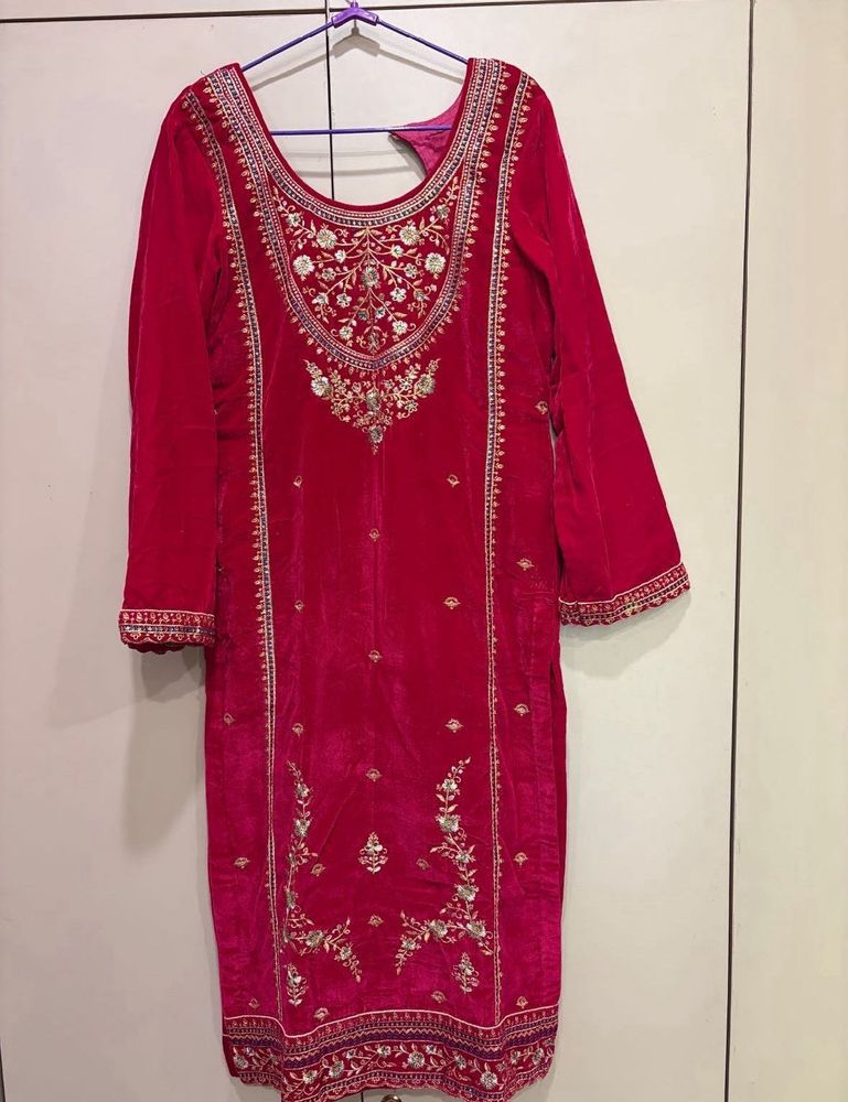 Elegant Pink Velvet Kurta with Intricate Embroider