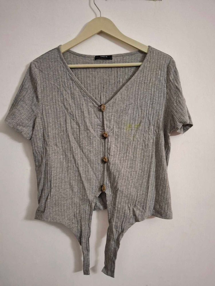 Gray Ribbed Tie-Front V-Neck Top