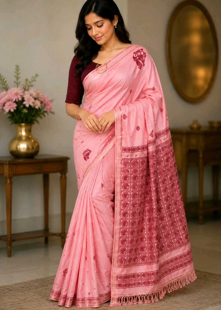 Pink Cotton Silk Saree with Maroon Blouse