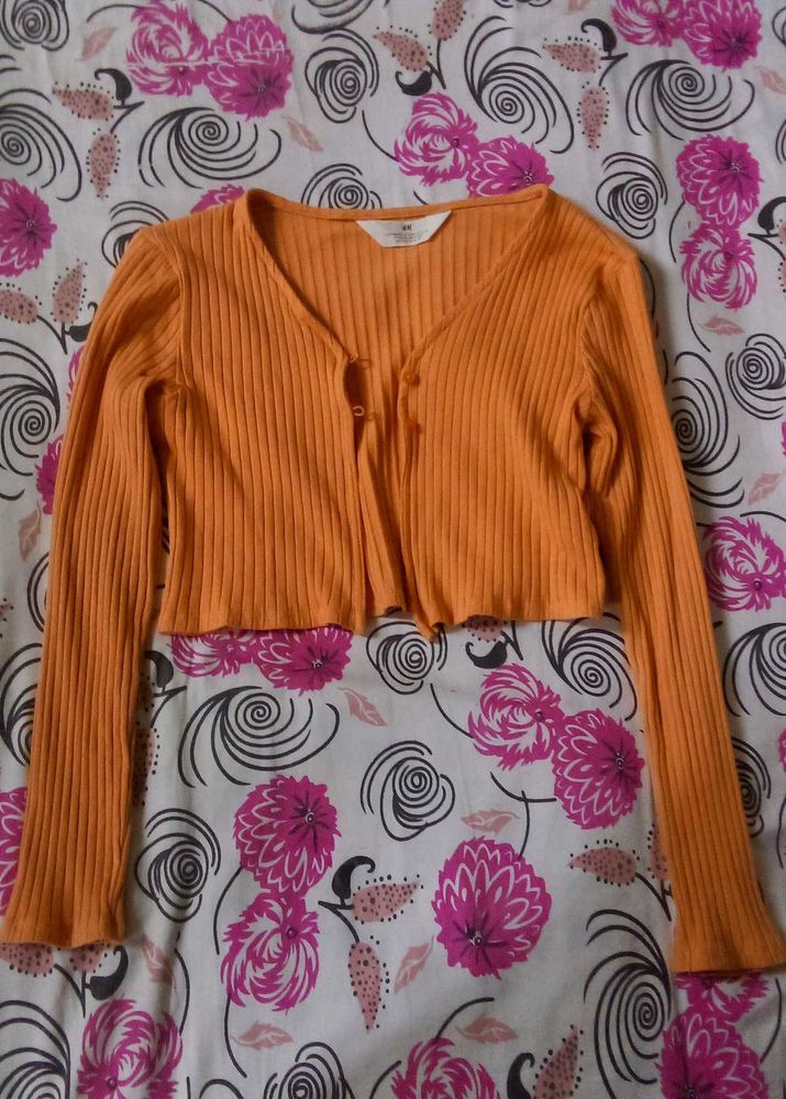 Orange Ribbed Cropped Cardigan