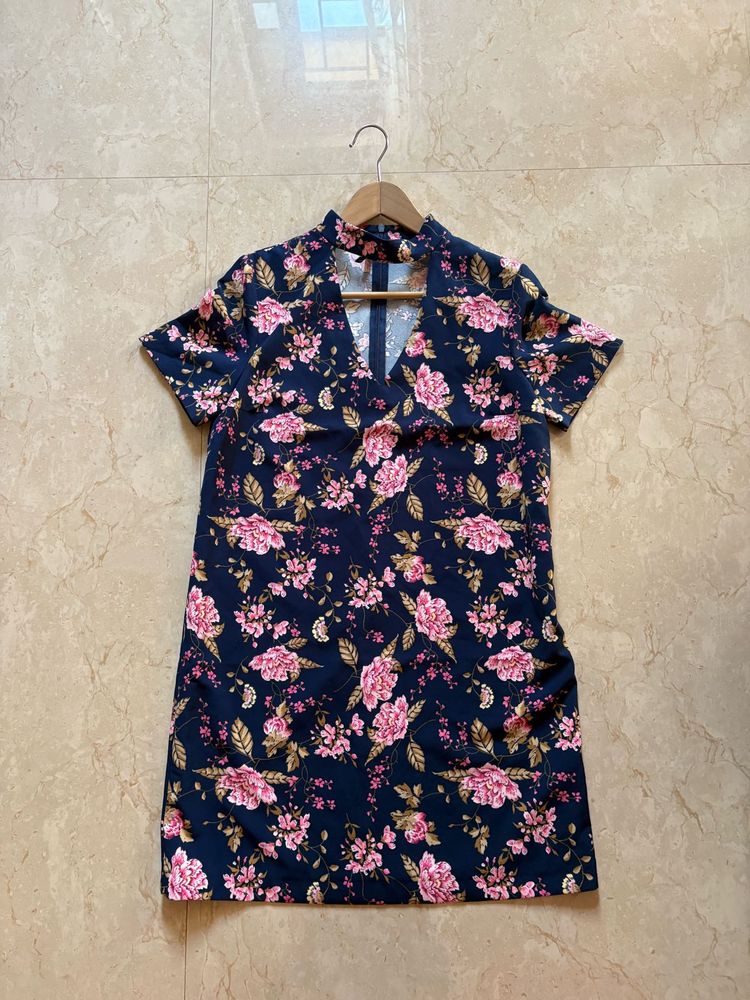 Navy Floral Print A-Line Dress with Choker Neck