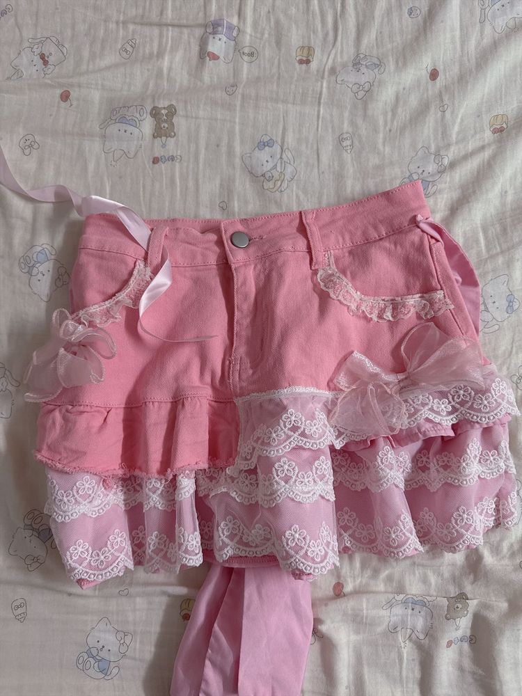 Pink Ruffle Lace Mini Skirt