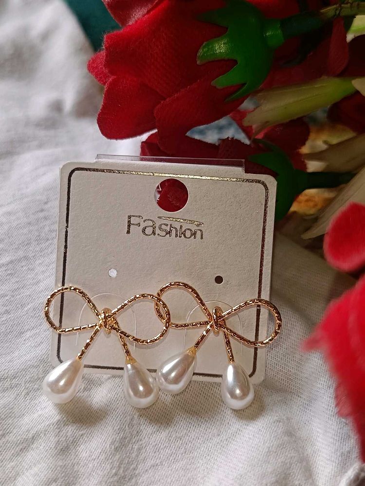 Elegant Bow Pearl Drop Earrings
