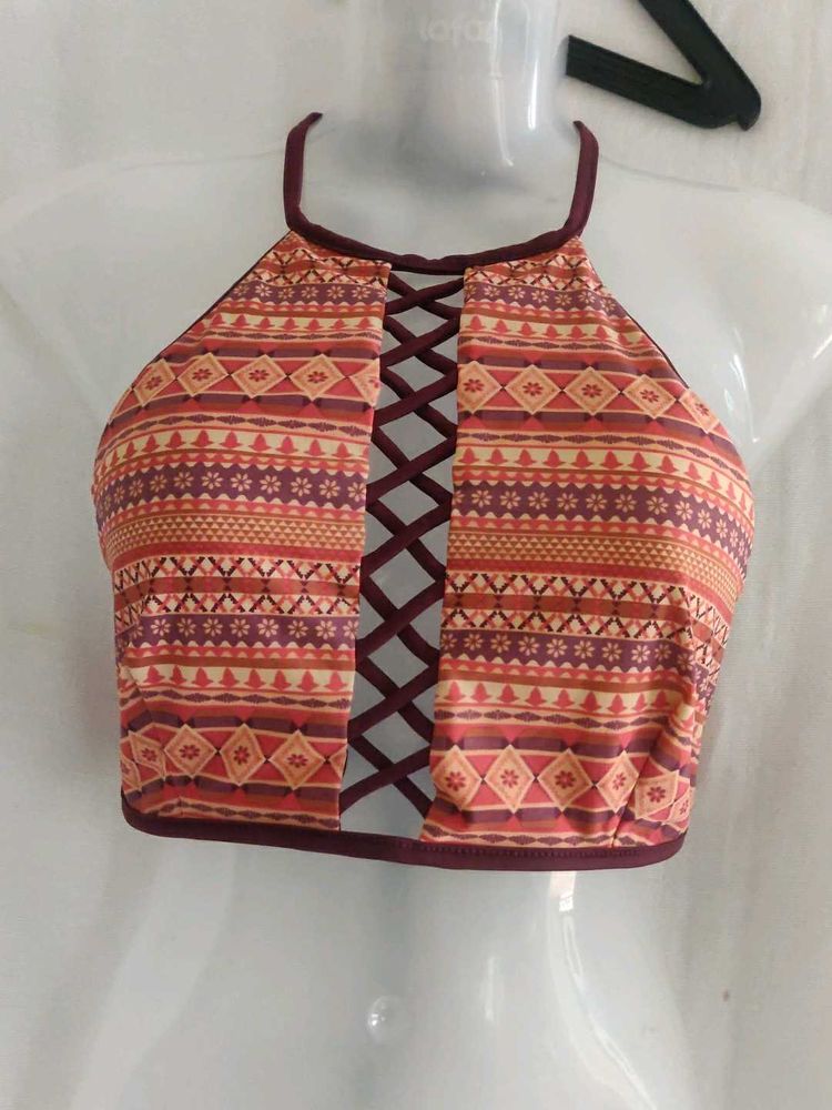 Boho Print Lattice Front Crop Top