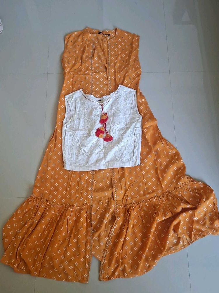 Orange Printed Kurta Set with White Top