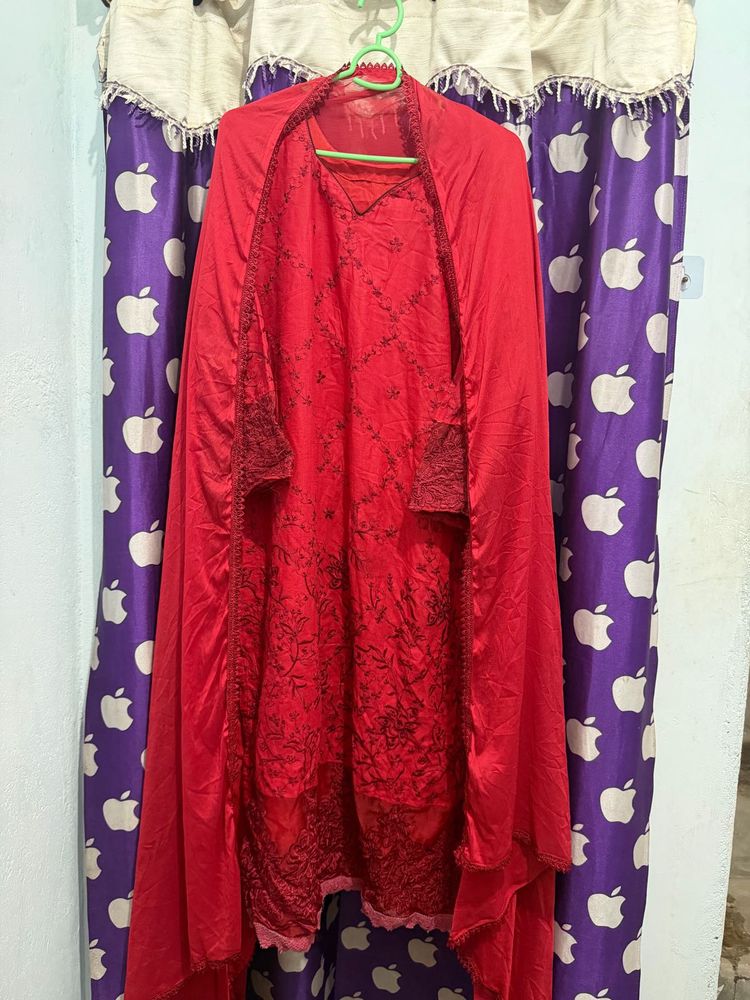 embroidery Red Kurta Set