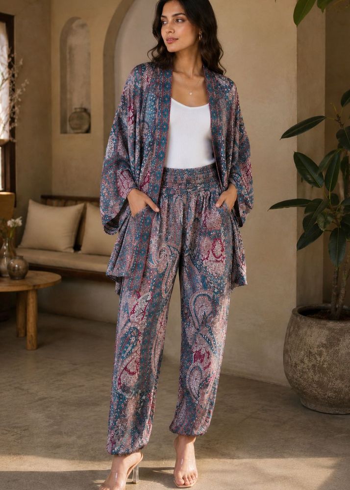Boho Paisley Print Kimono &amp; Pants Set
