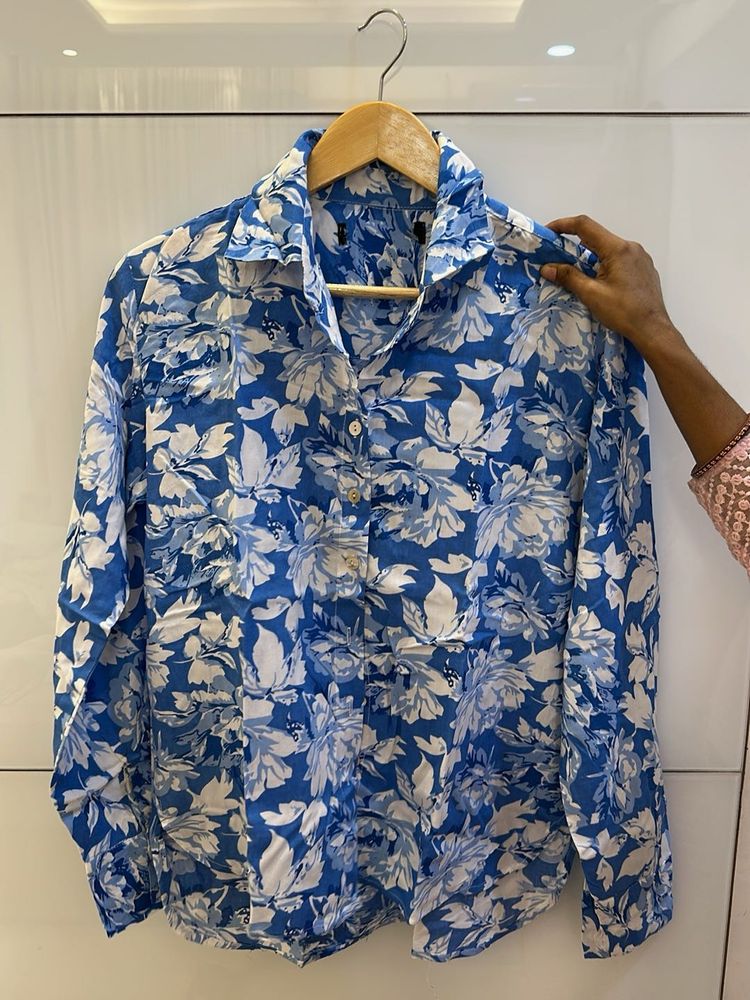 Blue Floral Print Collared Shirt