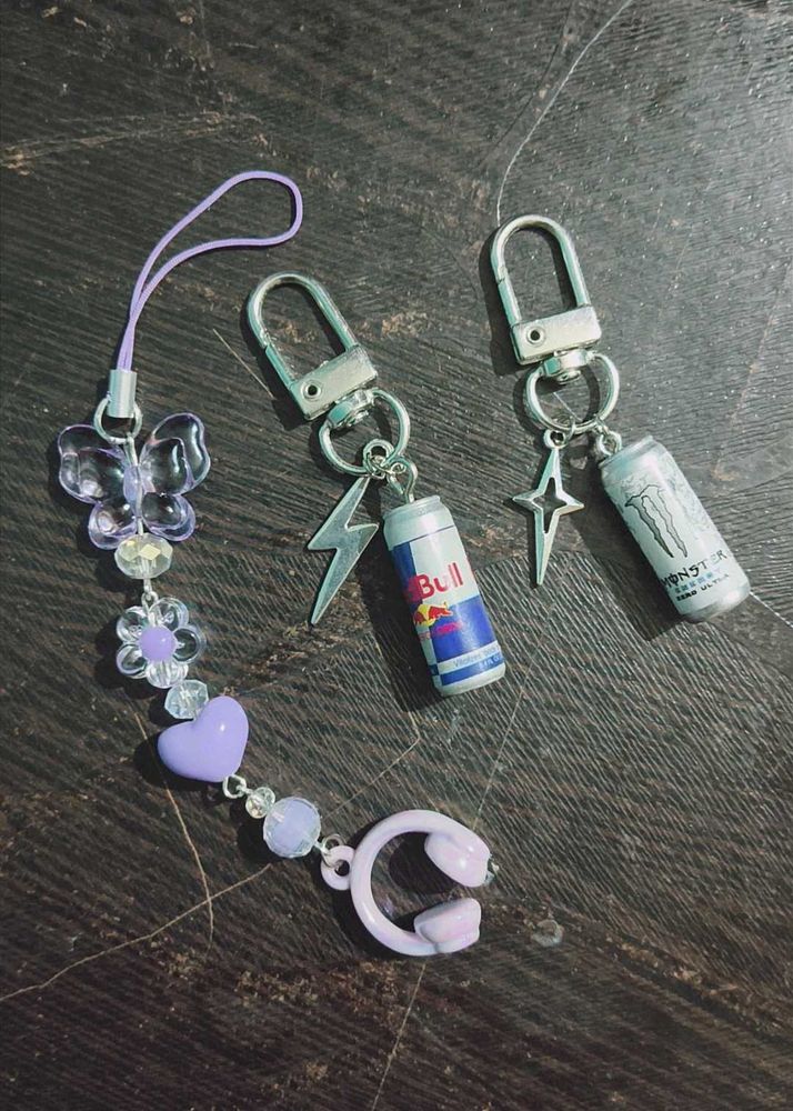 purple phone charm &amp; Cans keychain