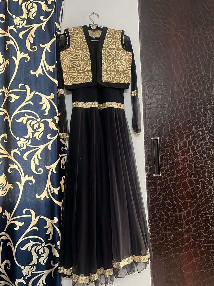 Black &amp; Gold Anarkali Dress with Jacket