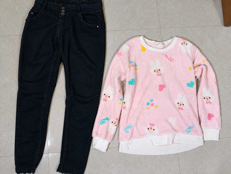 Cute Bunny Print Sweater &amp; Black Jeans Set
