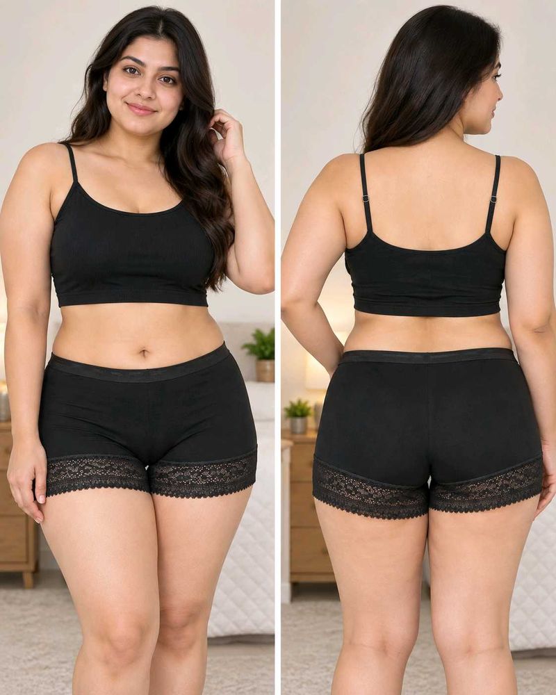 Black Lace Trim High-Waist Shorts