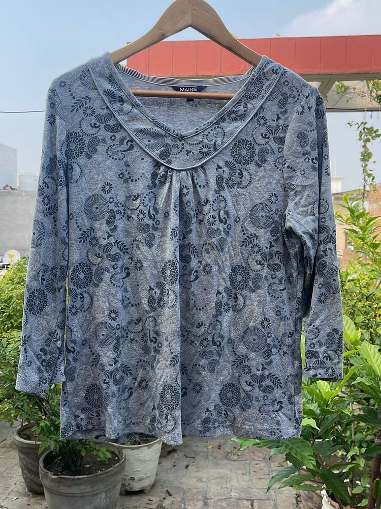 Grey Paisley Print Long Sleeve Top