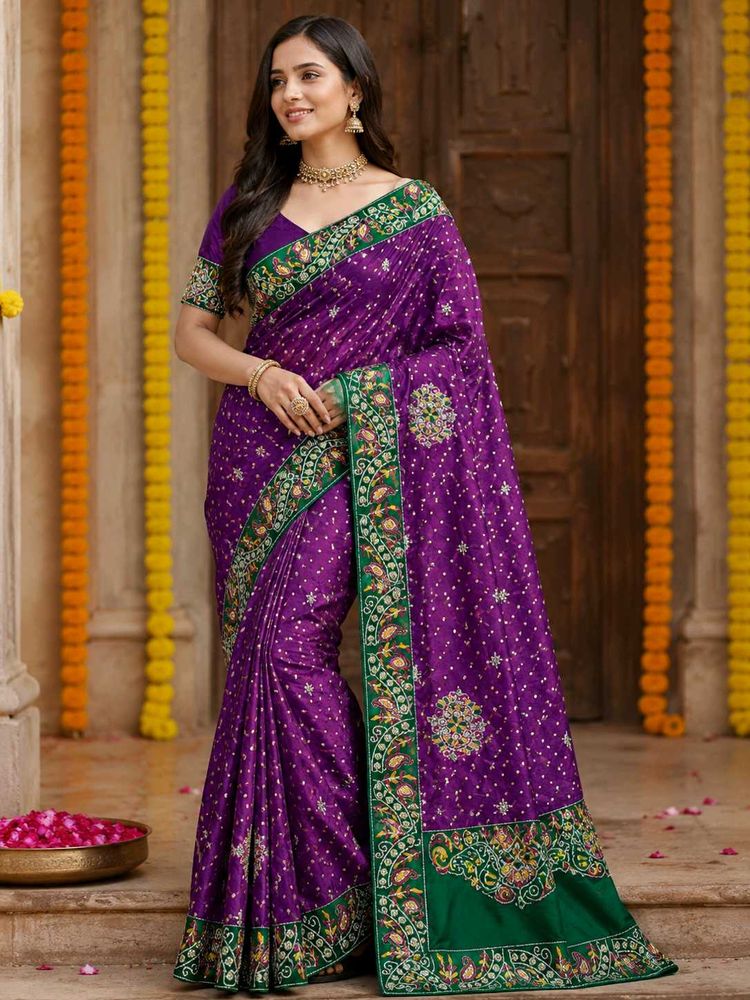 Designer Purple &amp; Green Silk Saree