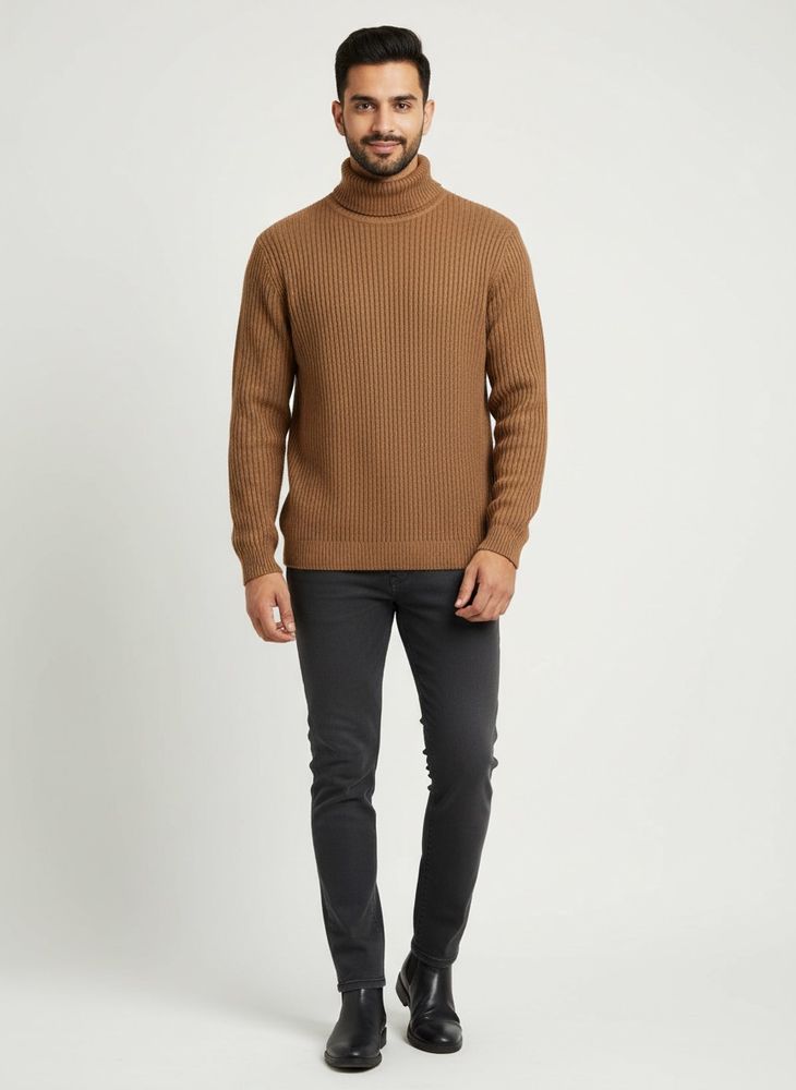 Brown Turtleneck Knit Sweater