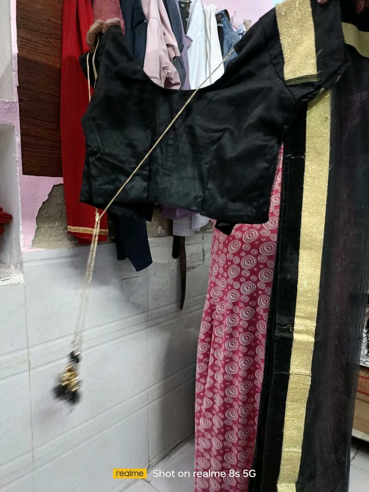 Black Silk Blouse with Gold Trim and lehanga